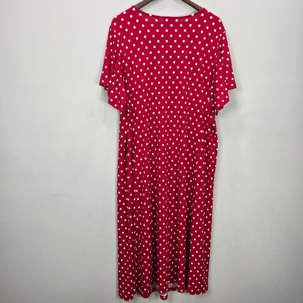 Susan Graver Midi Dress 2XP Red Polka Dot V Neck Flutter Sleeve Liquid Knit - Picture 4 of 9